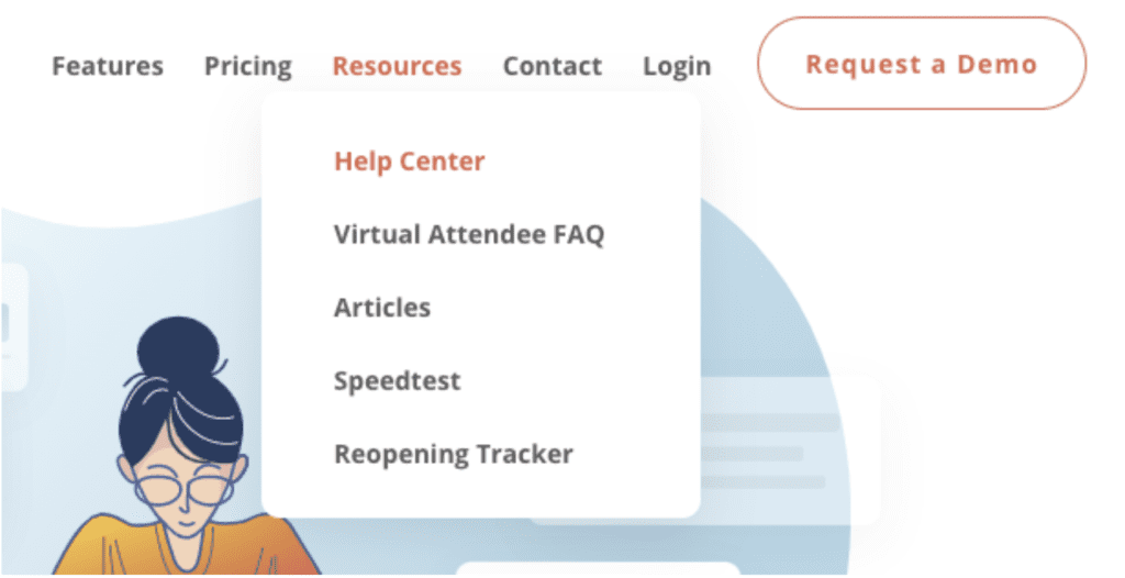 Screenshot from the Expo website showcasing the new dropdown menu to easily find resources like Help Center, Articles, and Virtual Attendee FAQ