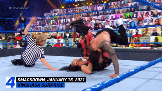 GIF of Hybrid WWE Smackdown with live wrestling and a virtual LED Screen audience.