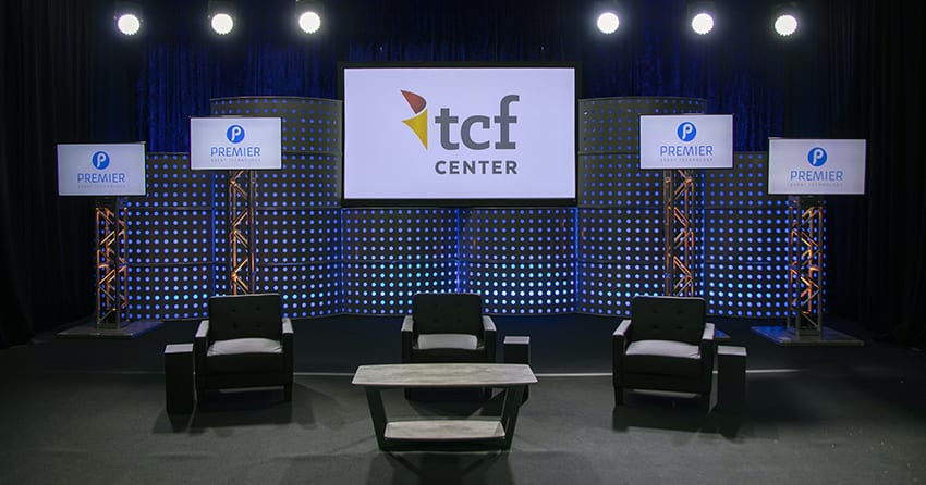 Photo of tcf center hybrid event space that can combine live performers, attendees, and presenters