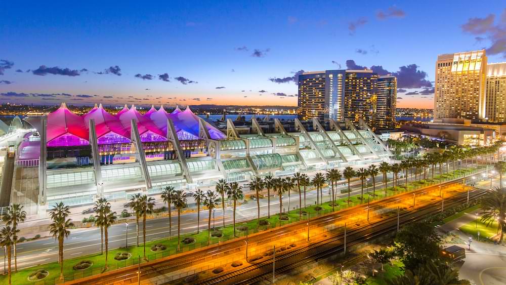 Outside photo showing the entirety of the San Diego Convention Center