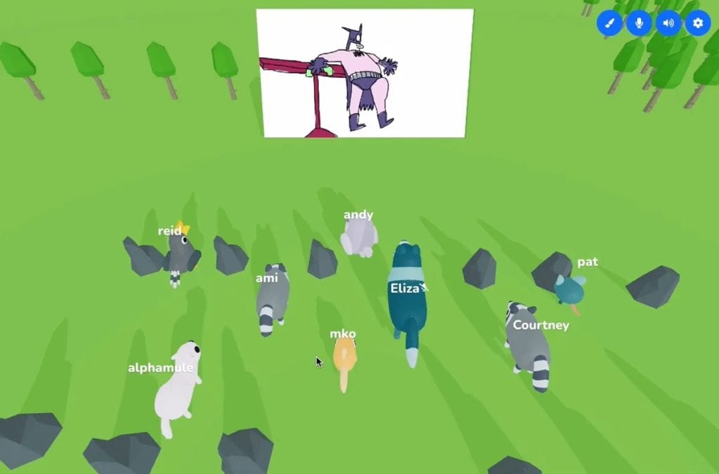Screenshot of Skittish 3D VR networking app. With people represented as woodland animals in the forest.