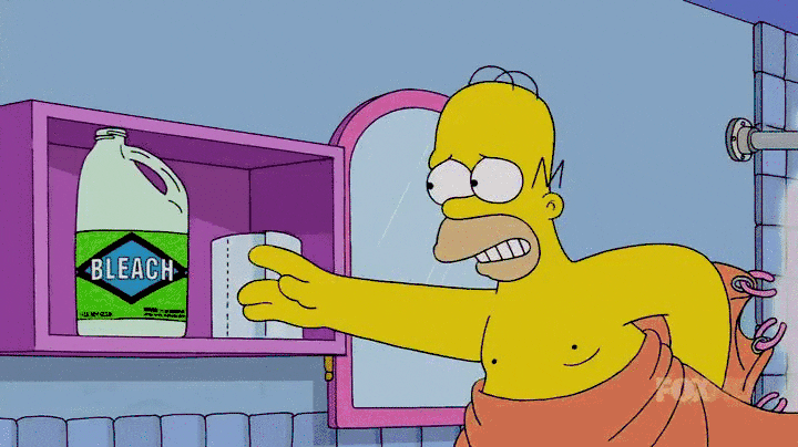 Homer Simpson pouring a bottle of bleach over his eyes
