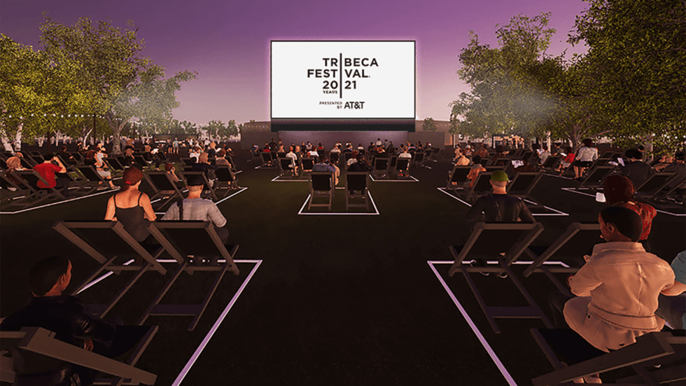 Screenshot of the all virtual Tribeca Film Festival with Virtual Reality attendees sitting in front of a screen