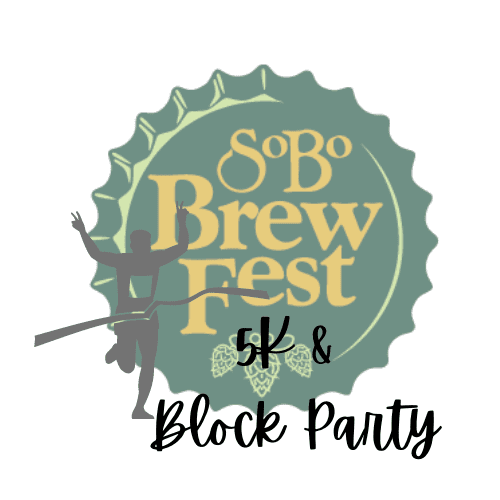 SoBo Brew Fest 5k & Block Party ad. With SoBo logo and cartoon of a runner crossing finish line