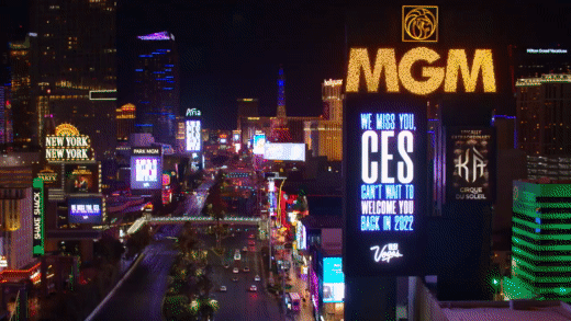 GIF montage different Las Vegas Hotels showing a "We miss you, CES" sign on the outside of the buildings 
