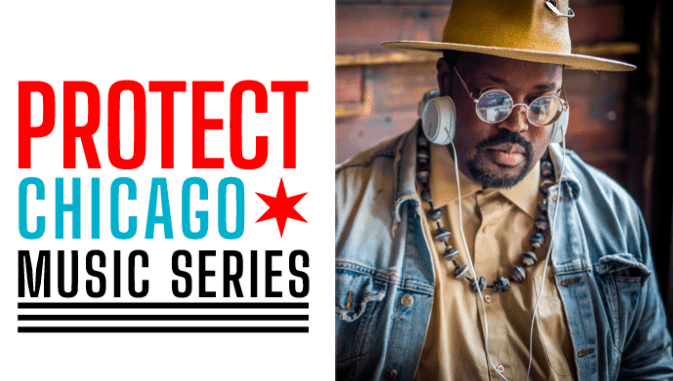 Protect Chicago Music Series Poster with picture of a man in headphones