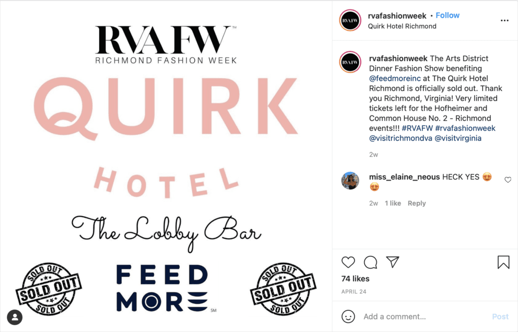 Screenshot of RVA Fashion Week instagram post - explaining that the benefit fashion show sold out