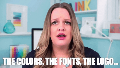 GIF of woman with caption "the colors, the fonts, the logo..."