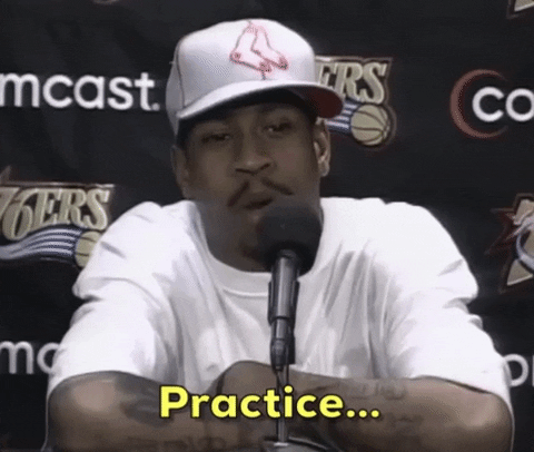 GIF of 76ers player at press conference with caption: "Practice..."