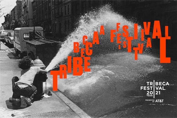 Tribeca Festival 2021 poster with red words coming out in the shape of fire hydrant water