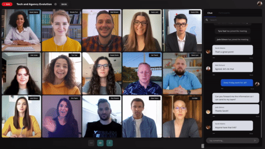 GIF showcasing a virtual meeting with attendees on the left and a chat stream on the right
