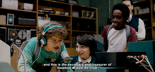 GIF from Stranger Things with caption "and this is the secretary and treasurer of Hawkins Middle AV Club."