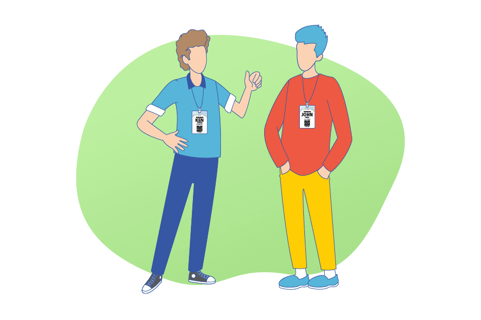 Two cartoon men wearing name badges shown talking to each other