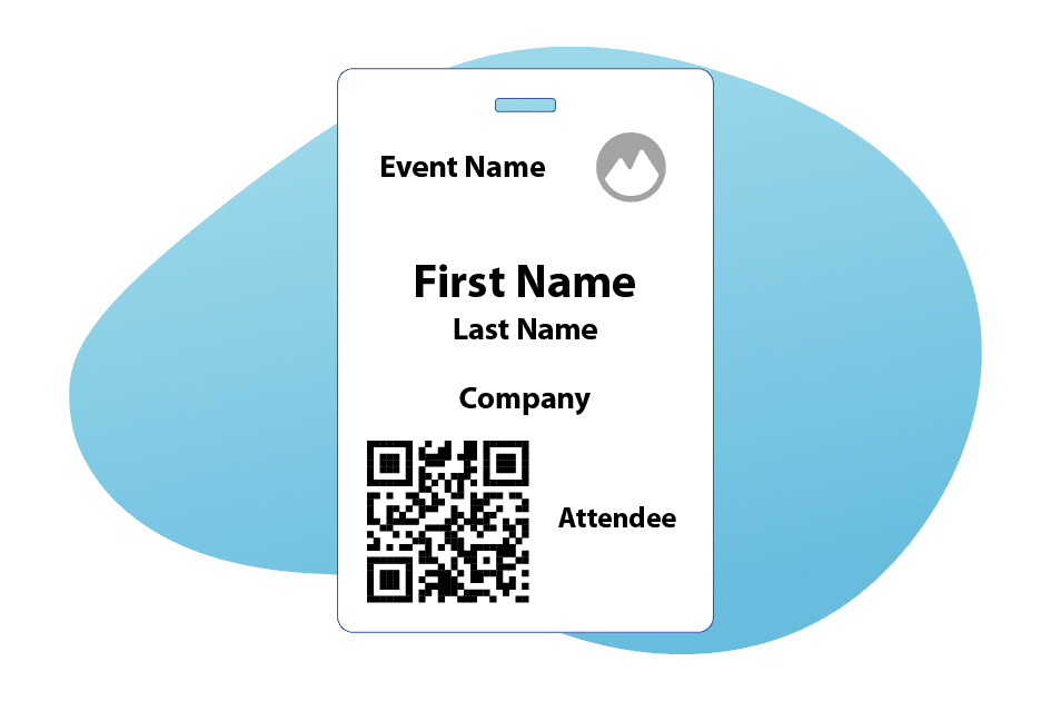 Cartoon depiction of a name badge with the labels "Event name, First name, Last, Name, Company, Attendee", and a QR code