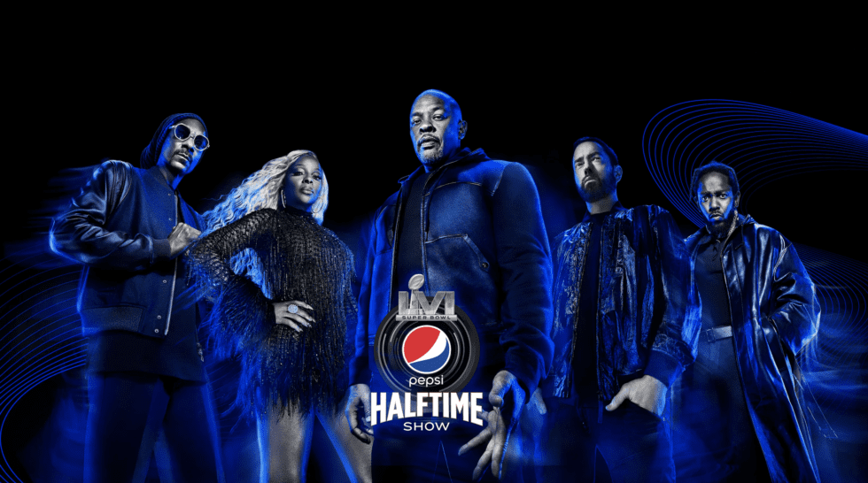Super Bowl LVI 2022 Pepsi Halftime show ad with Dr. Dre, Snoop Dog, Mary J Blige, Eminem, and Kendrick Lamar
