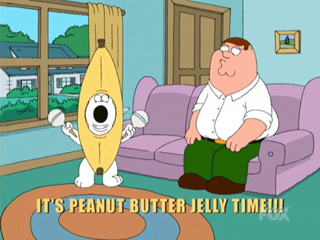 Family Guy GIF with dog in a banana suit dancing with the caption "It's Peanut Butter Jelly Time!!!"
