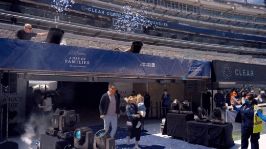 Gif of people hugging at an event, using the CLEAR pass at an airport, and walking out onto a sports field.