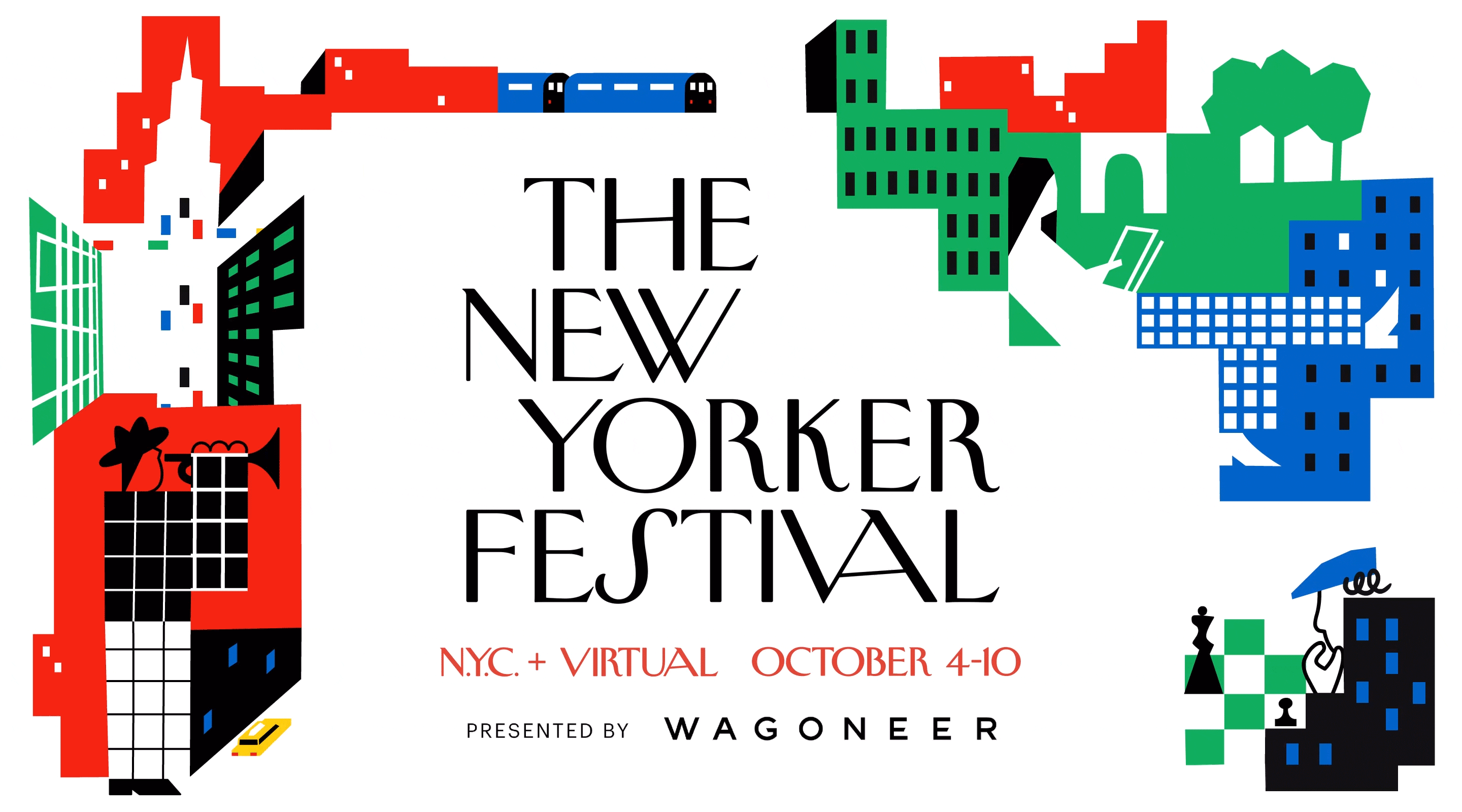 The New Yorker Festival GIF poster with a subway train moving, cars driving, a person playing the trumpet, a person playing chess, and a person reading. Blue, green, and red buildings are around the border. 