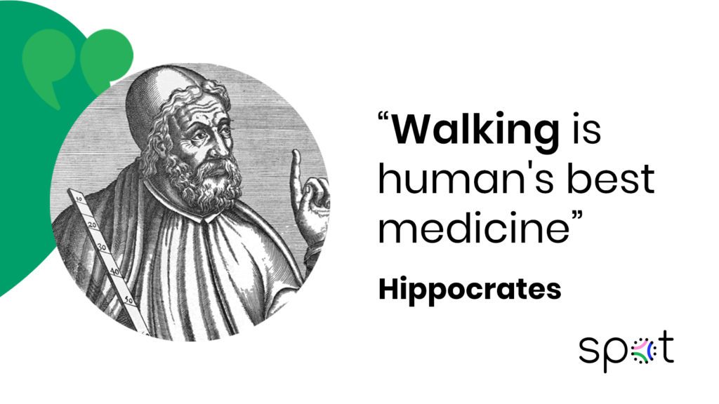 Circular photo of Hippocrates on a white and green background with the text: "Walking is human's best medicine" as well as the SPOT logo.