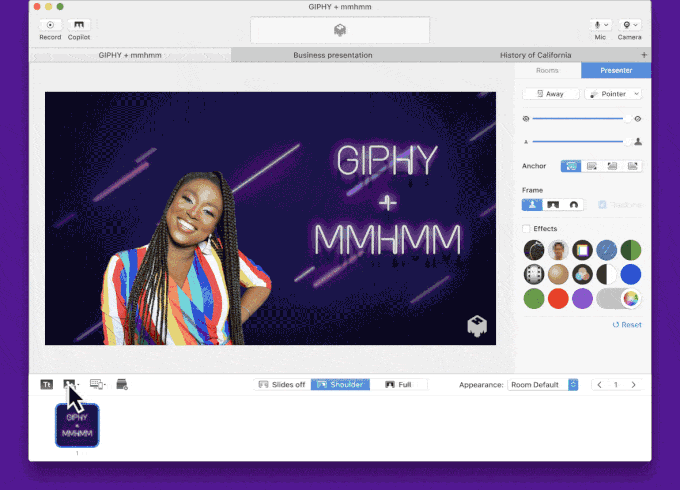 GIF showing how to use the Mmhmm app that allows you to be present next to your virtual presentations