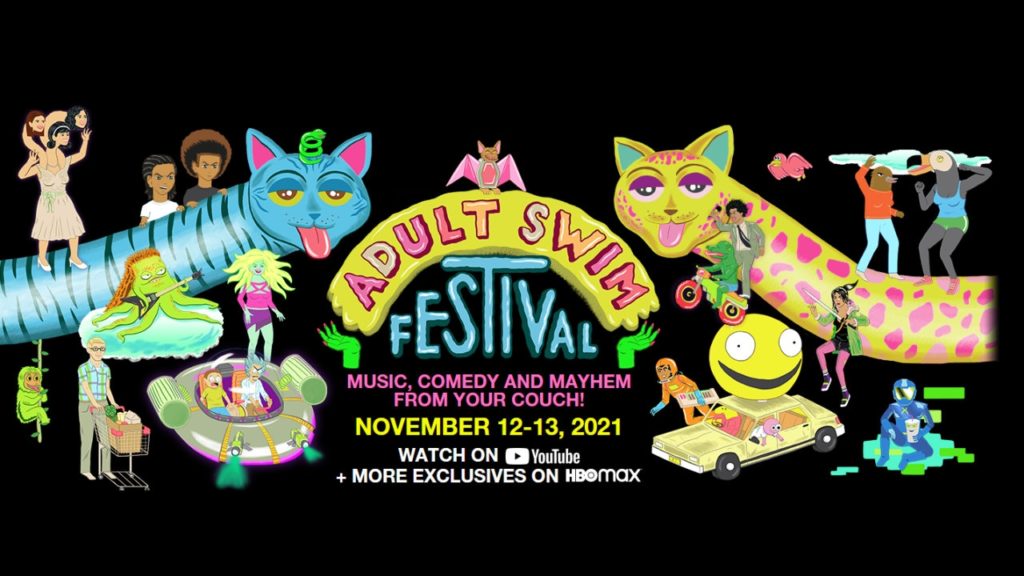 Adult Swim Festival poster featuring multiple colorful cartoon characters. Including snake cats, Rick & Morty, and more.