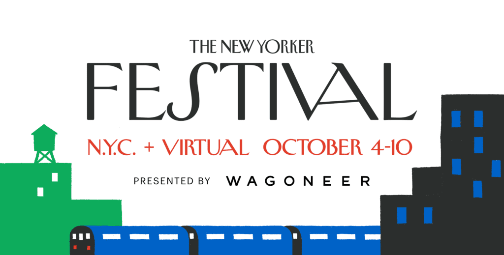 The New Yorker Festival poster featuring a white background with a blue subway car across the bottom and black and green buildings on either side