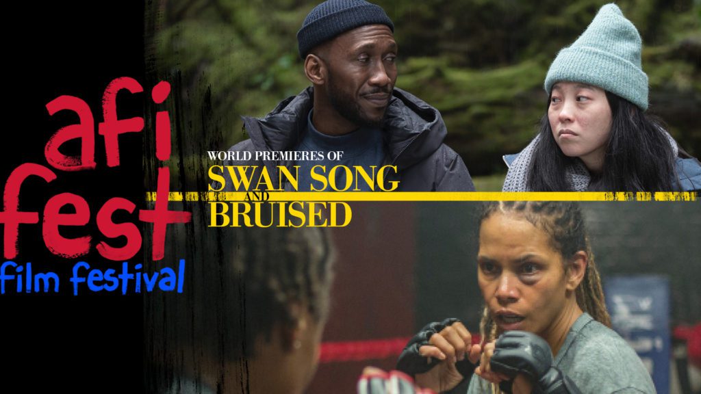 afi fest film festival poster. "Swan Song" characters sit wearing beanies and coats. "Bruised" characters engaging in a boxing fight.