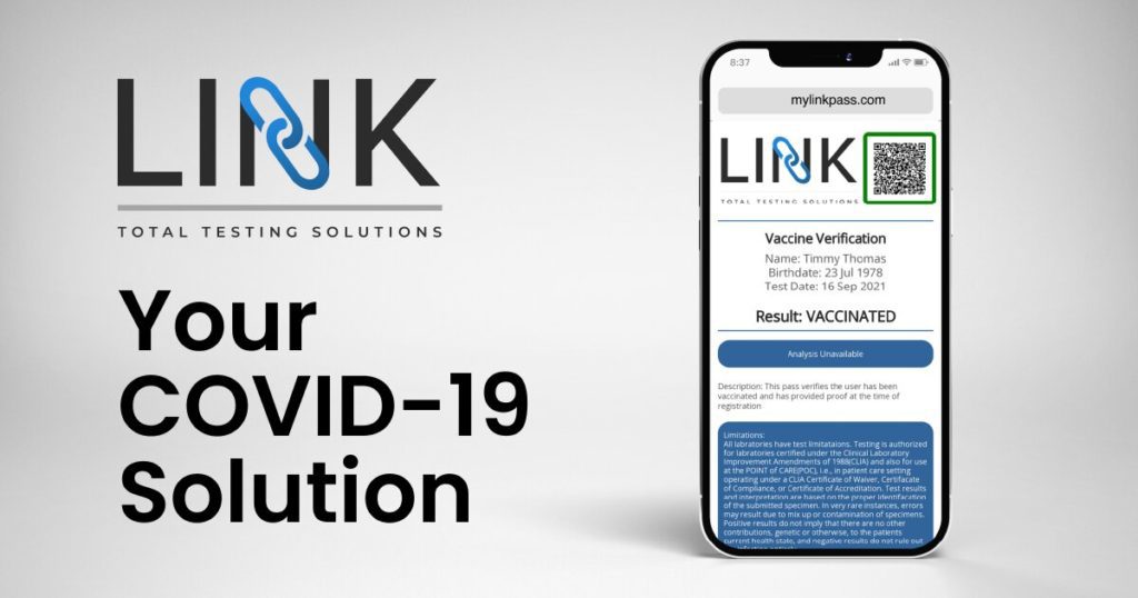 Link covid-19 testing solution app on phone screen.