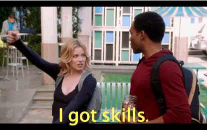 GIF of woman moving arms up and down with text saying "I got skills".