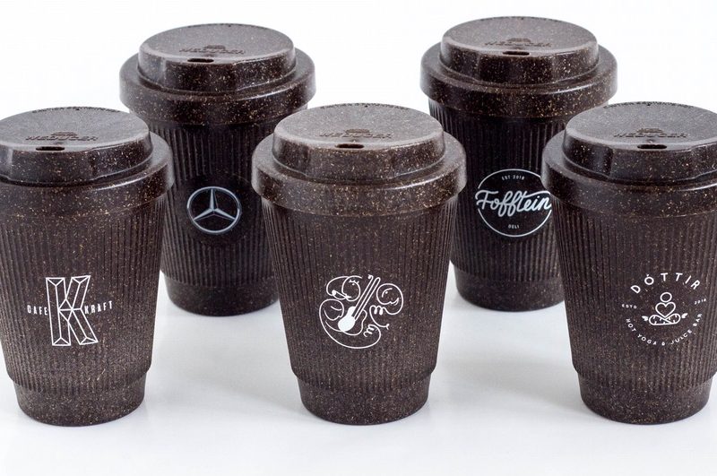 Group of biodegradable coffee cups.