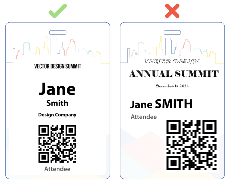 two cartoon name badges side by side. a green check is above the left (good) example, and a red X is above the right (bad) example