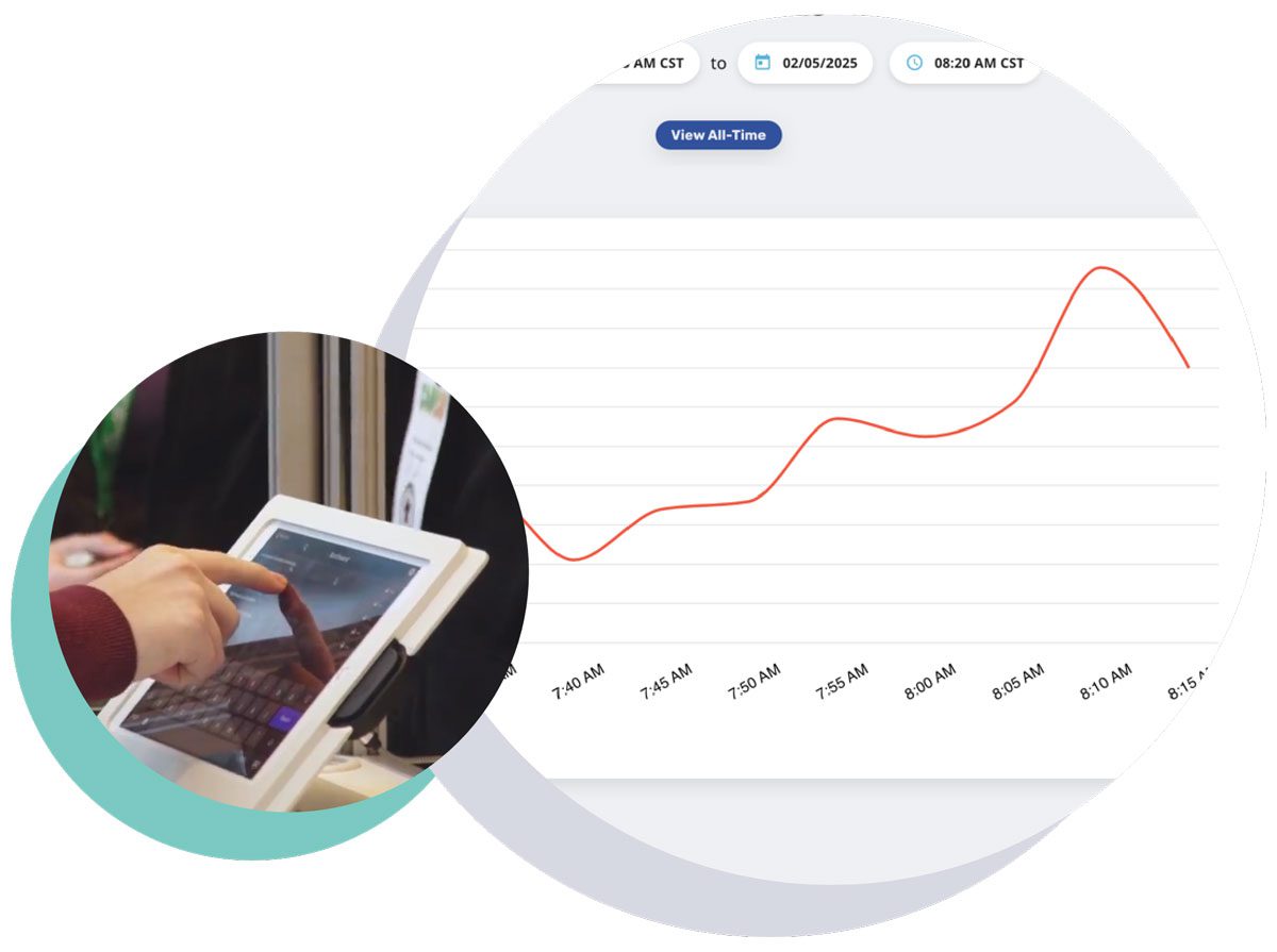 badge-design Person at iPad check-in kiosk and attendance analytics dashboard screen