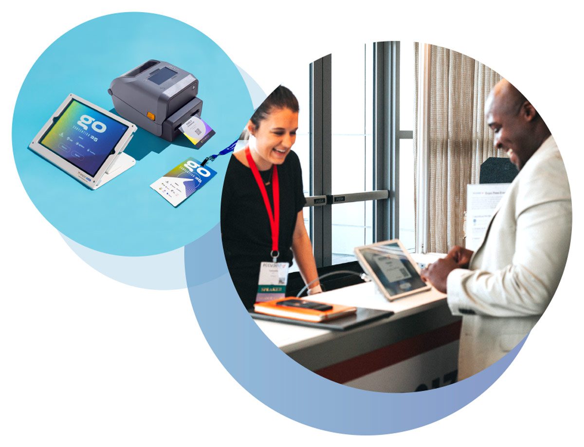 badge-design On-site Badge Printing iPad kiosk and Zebra printer, attendee checking in and staff