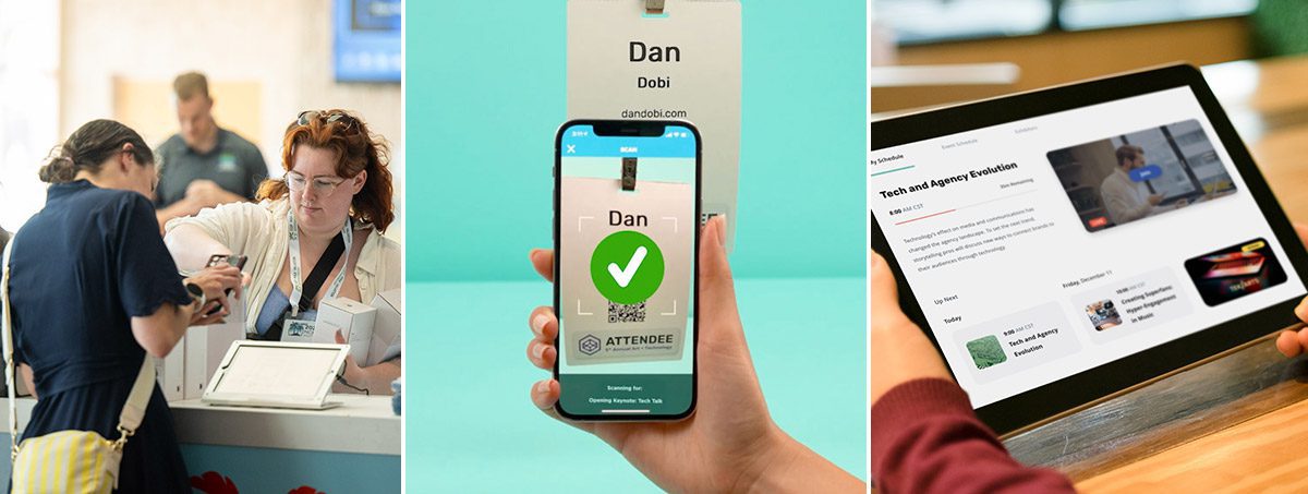 Event Tech Examples - Check-in and badge printing on-site, QR code scanning lead capture, virtual event platform