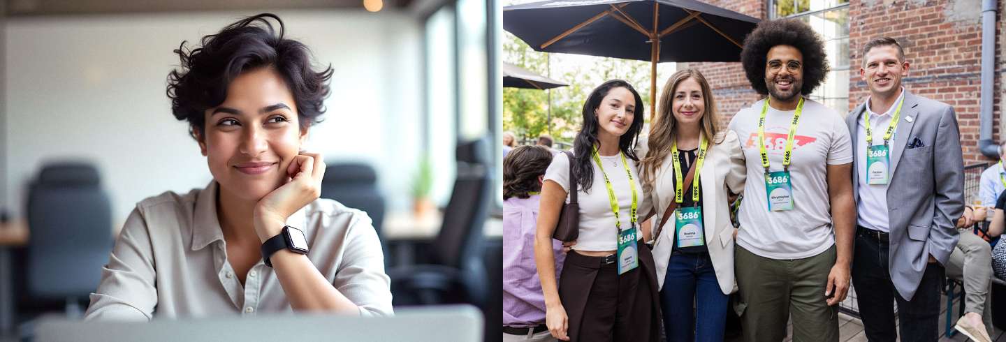 On-site badges, attendees smiling