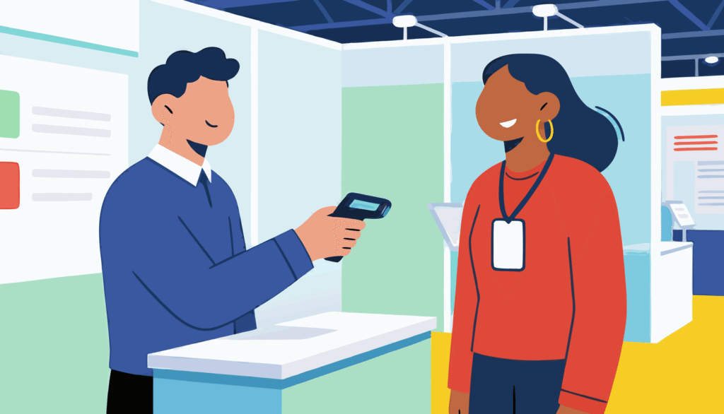 Lead Retrieval Scanning at an Exhibitor booth to capture leads for exhibitors.